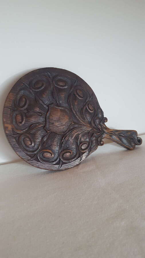 ARTHUR SIMPSON KENDAL ARTS AND CRAFTS CARVED OAK HAND MIRROR C1910