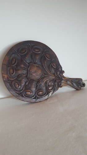 ARTHUR SIMPSON KENDAL ARTS AND CRAFTS CARVED OAK HAND MIRROR C1910