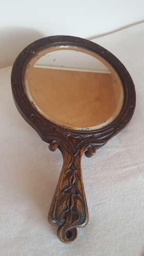 ARTHUR SIMPSON KENDAL ARTS AND CRAFTS CARVED OAK HAND MIRROR C1910