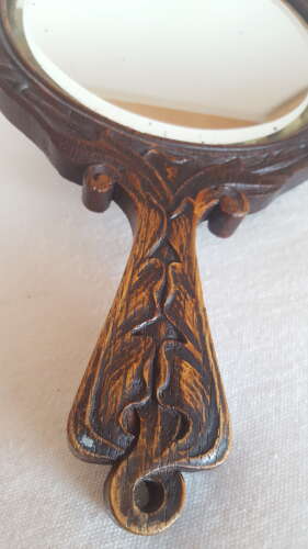 ARTHUR SIMPSON KENDAL ARTS AND CRAFTS CARVED OAK HAND MIRROR C1910