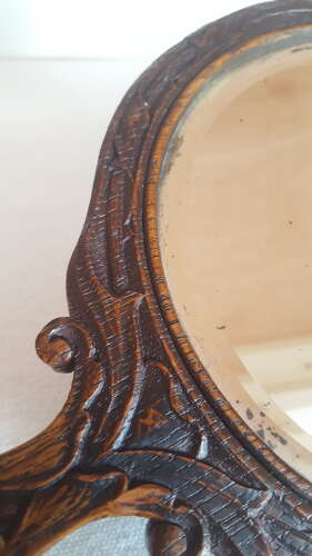 ARTHUR SIMPSON KENDAL ARTS AND CRAFTS CARVED OAK HAND MIRROR C1910